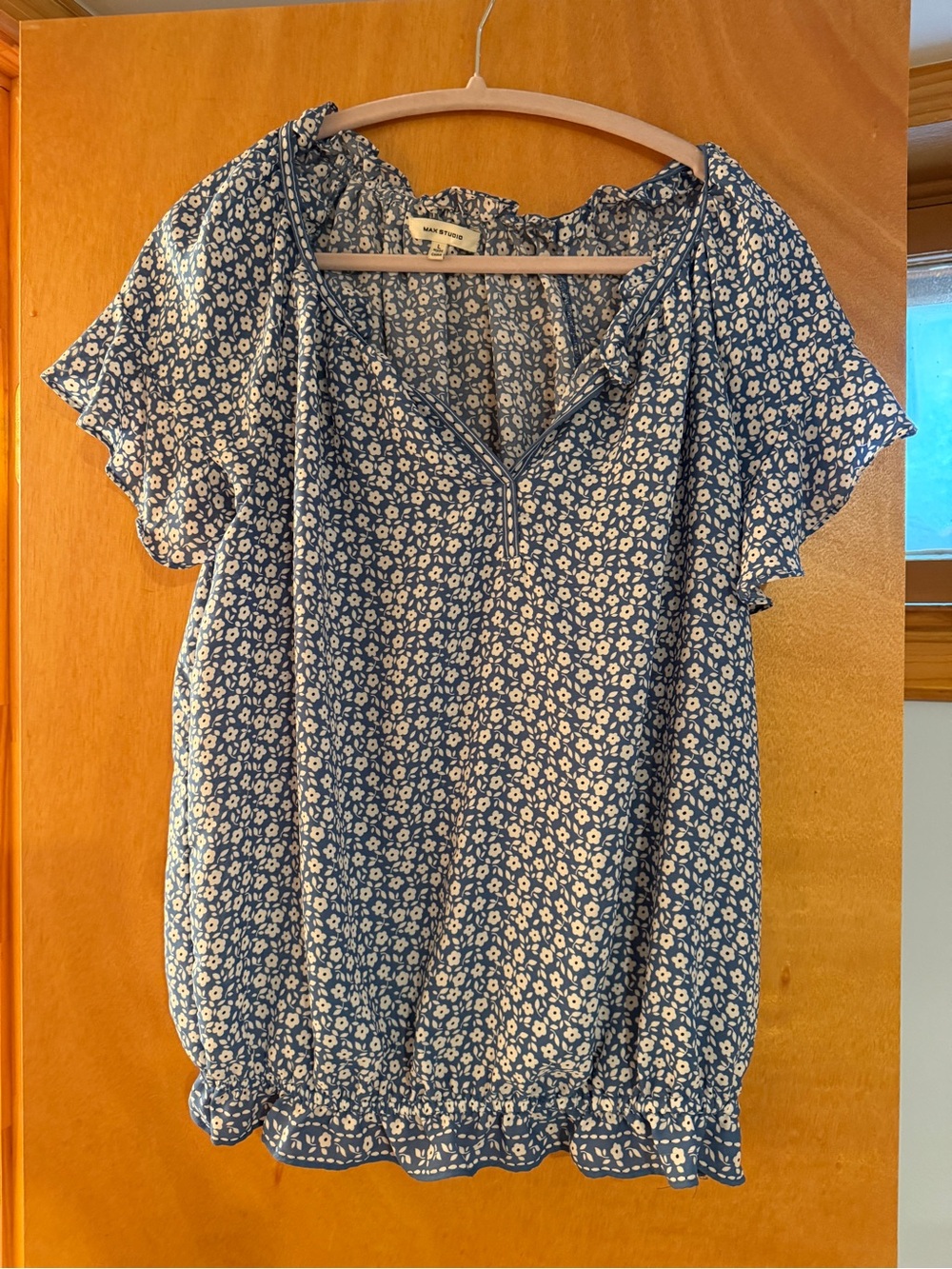 Max Studio Blue Floral Peasant Top
